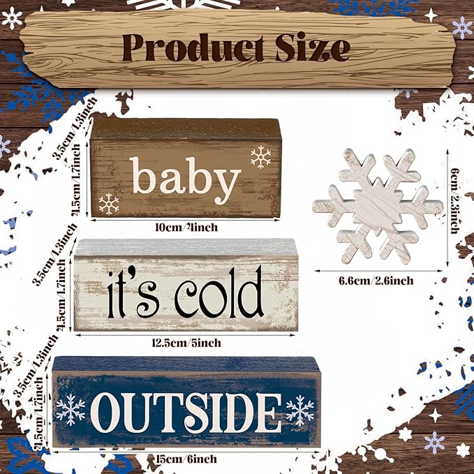 Moucuny 4 Pcs Winter Wooden Tabletop Decor Snowflake Tiered Tray Decor Winter Centerpiece Rustic Snow Block Signs Farmhouse Table Shelf Decoration for Home Office Party