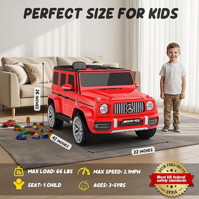 Licensed Mercedes Benz G63 Kids Electric Car, 12V 7Ah G wagon Ride on Car w/Safety High Window, Remote Control, 3 Speeds, Music Player, Horn & LED Lights for Toddlers (Red)