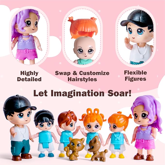 FUNERICA Dollhouse Family Figures & Pets – Bendable Play Dolls for Imaginative Fun & Doll House Play – Little People Family Set with Miniature Accessories – Made of Quality Plastic