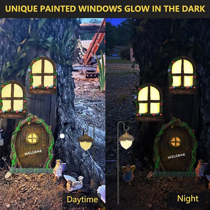 Jauay Miniature Fairy Garden Accessories: Glow in The Dark Fairy Door and Windows for Trees, Green Resin Garden Ornament with Lantern