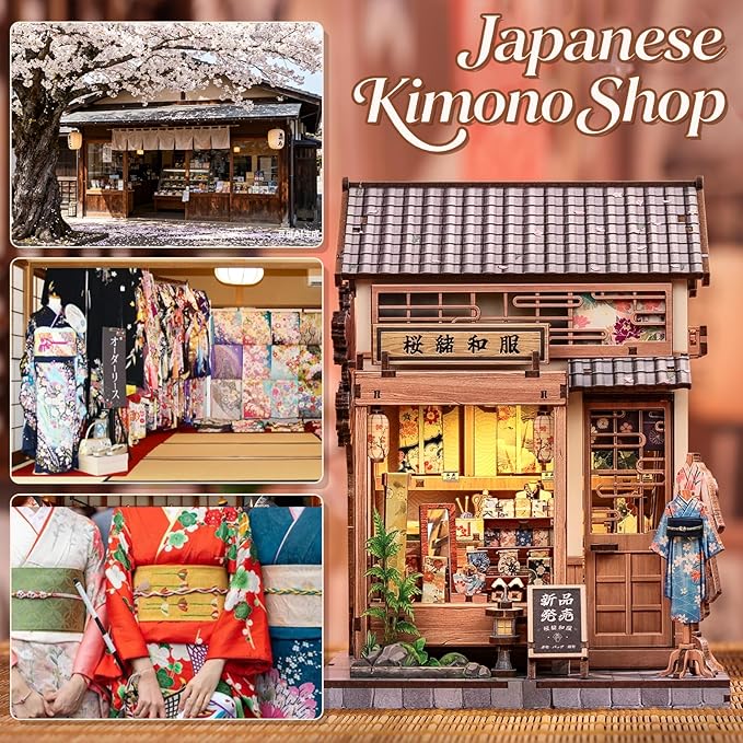 CUTEBEE Book Nook Kit - Japanese Sakura Kimono Shop DIY Dollhouse 3D Wooden Puzzle Booknook for Adults and Teens, Miniature House Bookshelf Decor, Ideal Gift for Family and Friends