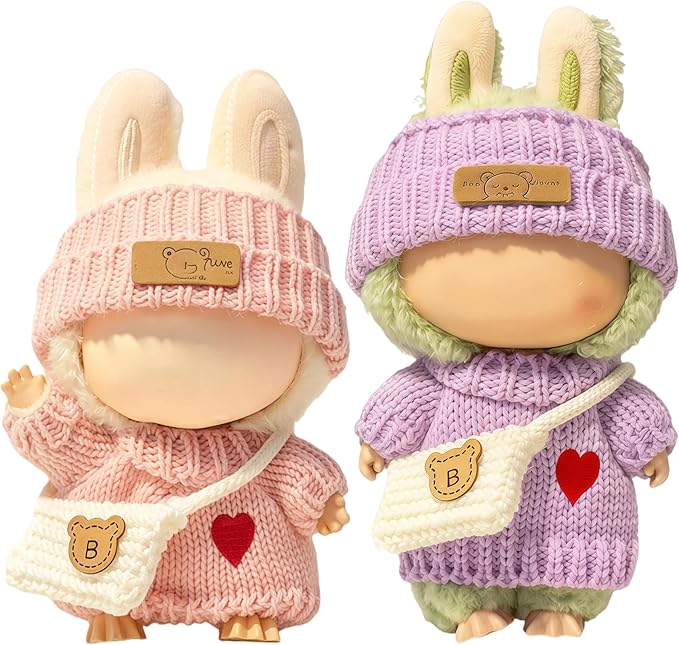 2 Sets 17cm Doll Clothes (6 Pieces), Handcrafted Crochet Doll Clothes for Fashion Designer Collection with Hats & Sweater & Mini Bag (Pink & Purple)