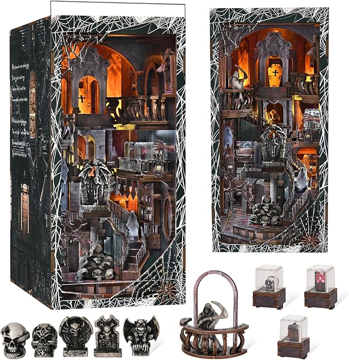 Book Nook Kit, DIY Miniature Dollhouse Kit 3D Puzzles for Adults Tiny House Mini Home Craft Bookshelf Nook Puzzle Book Decor Gifts for Teenagers Book Lovers (Haunting Relics)
