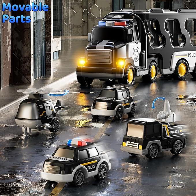 5 in 1 Police Car Carrier Truck Toy for Kids Ages 4-8, Police Truck with Light and Sound, Transporting Vehicle Boy Trucks Toy Sets, Kids Toys 3-5, Birthday Gifts for Boys Girls Aged 4-6 5-7