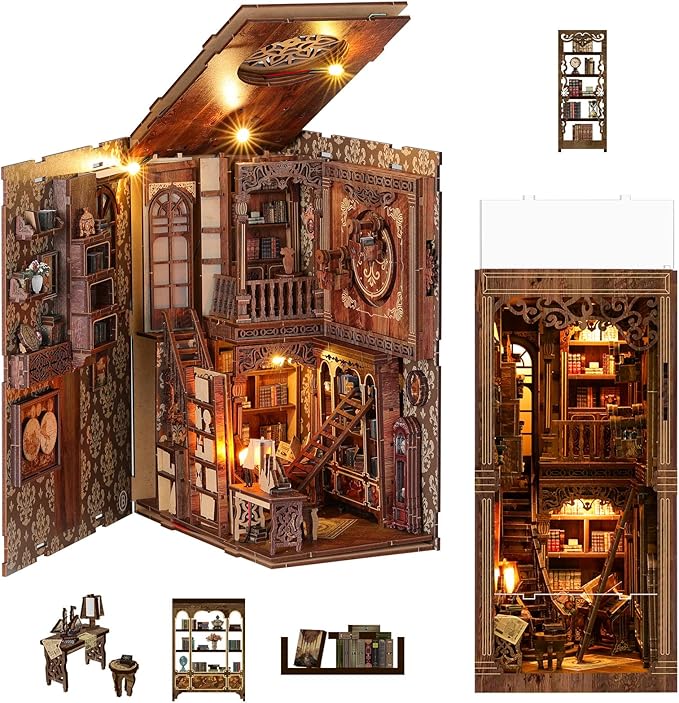 MoKo Book Nook Kit, 3D Wooden Puzzles Booknook with LED Lights, DIY Miniature House Kit, Book Nook Decor Gifts for Adults Family, Royal Library