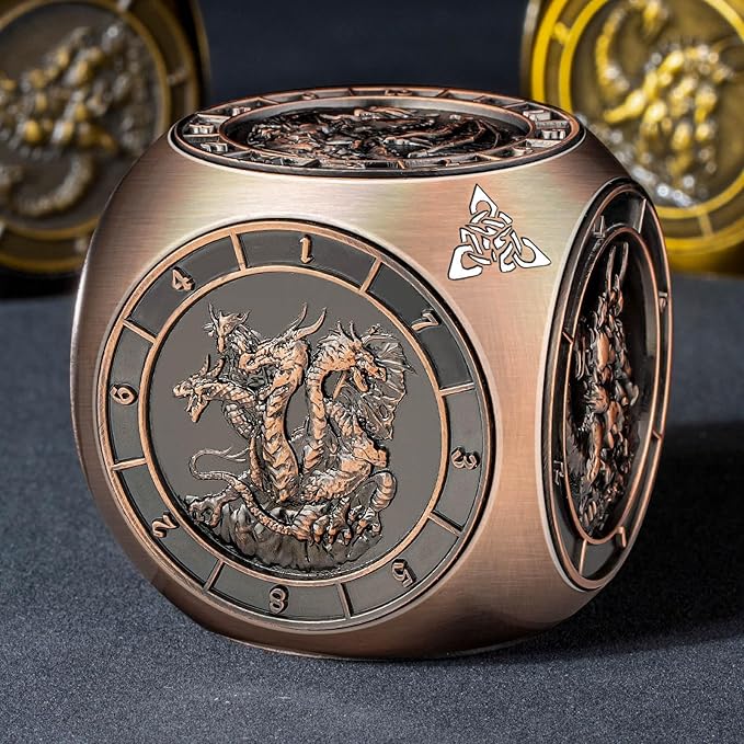7 in 1 Unique Spinner DND Dice Set D&D, Metal Cube D and D Dice with Gift Box, Dungeons Dragons Role Playing Dice, Copper