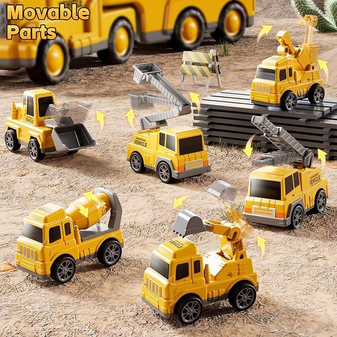 Construction Trucks Toys for 2 3 4 5 Years Old Boys - 7-in-1 Carrier Transport Vehicle Trucks for Kids 1-3 3-5, Car Toys with Light Sound, Birthdays Gifts Set for Kids Age 3-9