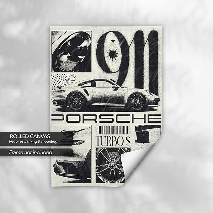 Canvastoria Porsche 911 Turbo S Canvas Wall Art | Black & White Automotive Poster Print | Luxury Sports Car Decor