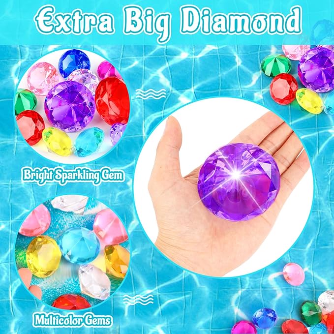 MARFOREVER 15Pcs Large Diving Gem Pool Toys - 2 Extra Big 60mm Diamond and 13 Colorful 40mm Big Acrylic Diamond Pool Gem Set Summer Swimming Party Favors Underwater Gem Diving Toy for Boys and Girls