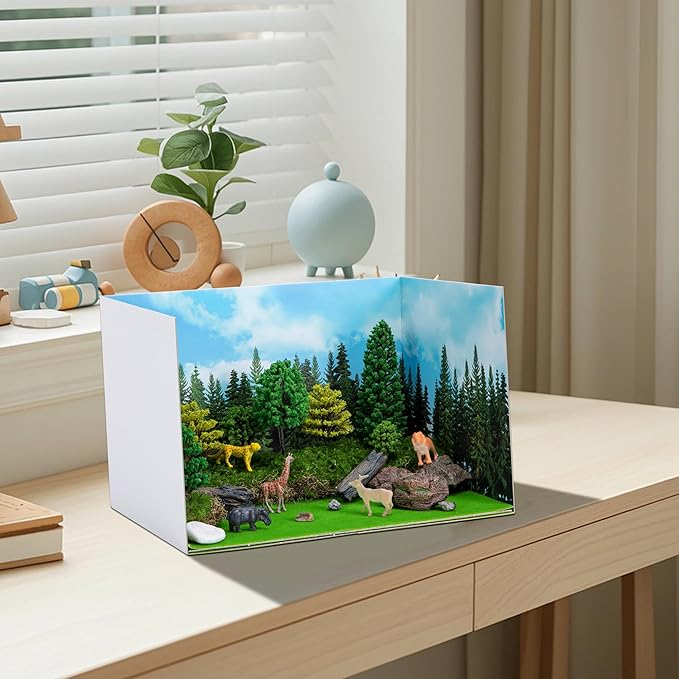 codree 4 Pcs Jungle Style Diorama Box and Fake Grass Decor, Rainforest Diorama Supplies Project Box Set, Cardboard Diorama Kit & Artificial Grass with Double Sided Tapes for DIY Crafts Toys Dollhouse