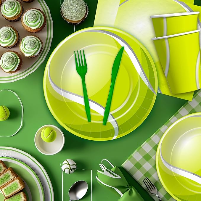 Xenorik Tennis Party Decorations Tableware for Birthday Baby Shower, Sports Ball Theme Tennis Birthday Party Supplies, Paper Plate, Cup, Napkin, Tablecloth, Disposable Cutlery, Serves 24