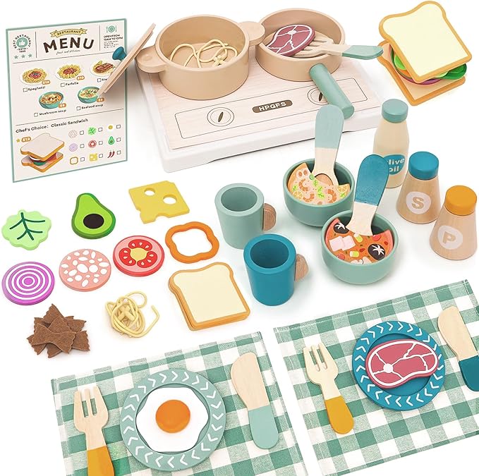 Wooden Play Cooking Set, Kids Pretend Play Kitchen Accessories Toys Set, Includes Play Plates, Pots, Bowls, Pans, Cutlery, Includes Fake Food, Gift for 3 4 5 Years Old Girls Boys for Birthday