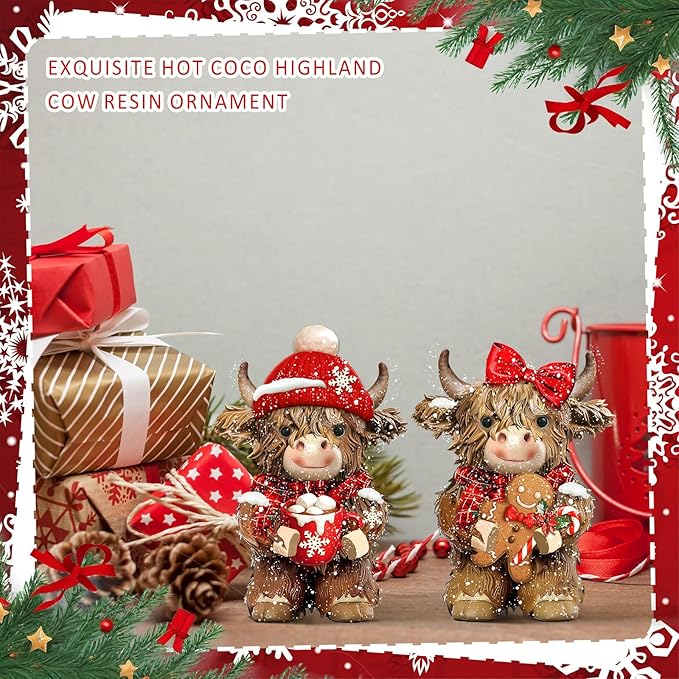 Burbell 2 Pcs Christmas Highland Cow Figurines Decor Cow Gnomes with Santa Hat Christmas Resin Statue Calf Lovers Gifts for Farmhouse Home Garden Bathroom Kitchen Office Tiered Tray Table Decor