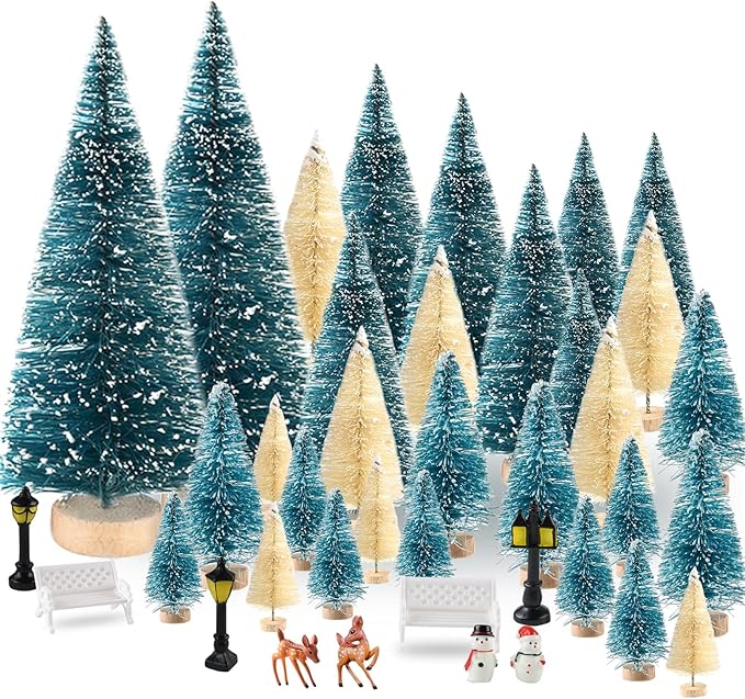 BOUBONI Mini Christmas Tree 35PCS Christmas Village Sets with Crafts Reindeer Snowmen Benches Street Lamp for Xmas Decorations Indoor Party Home Table Craft (Dark Green, Beige)