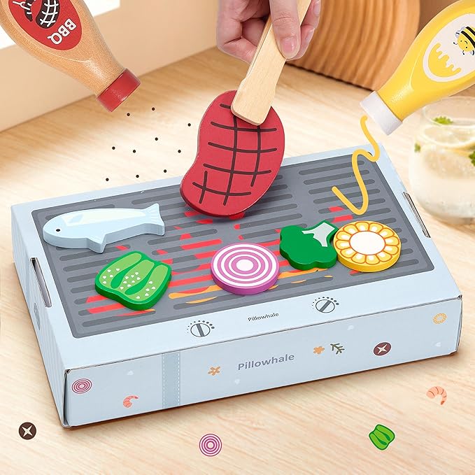 Pillowhale Wooden Play Food for Kids Kitchen - 24 Pcs Montessori Pretend Play Kitchen Accessories, Educational Learning Toys with Toy Fruits, Vegetables & Meat, Gift for Boys Girls Ages 3-6