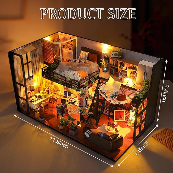 DIY Miniature House Kit, Dollhouse Kit with Dust Cover, Mini House Building Kits for for Adult to Building, Christmas Home Decorations Gifts for Family and Friends, Loft