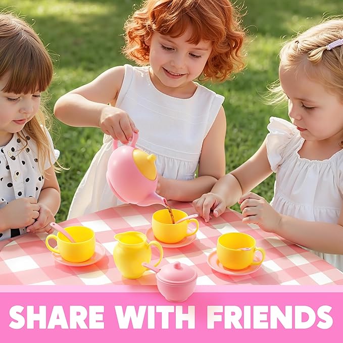 JOYIN 18PCS Pretend Tea Party Set, Pink Plastic Tea Set, Mini Kitchen for Kids, Gifts for Toddler Boys Girls, Gift for Christmas