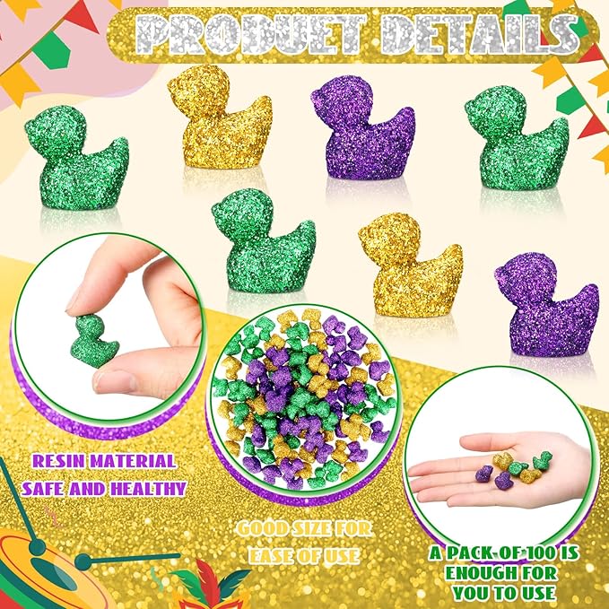 Yaocom 100 Pcs Mardi Gras Mini Glitter Duck Statue Purple Green Yellow Glitter Duck Figurines Micro Garden Landscape Dollhouse Cake Decoration Potted Plants DIY Craft Charms for Mardi Gras Party Gift