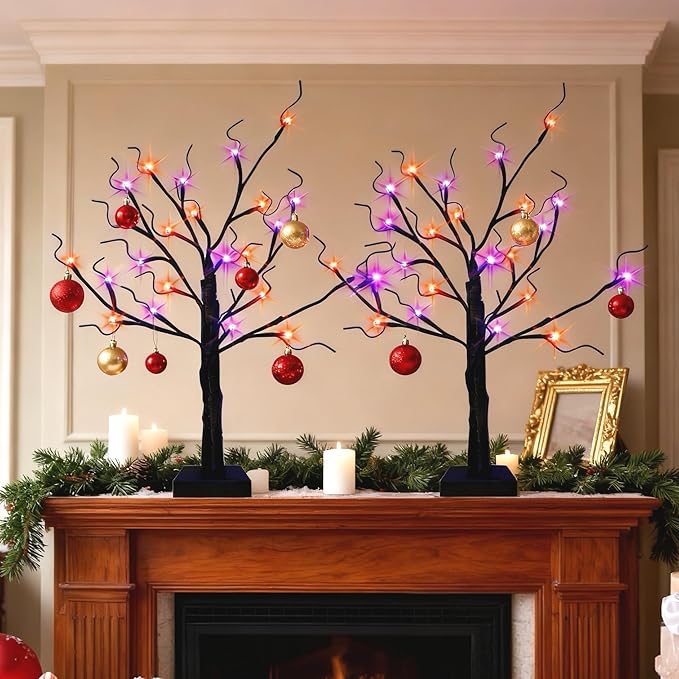 HipTree 2-Pack Lighted Halloween Christmas Fall Tree Decorations Indoor, 2ft Black Birch Tree with LED Lights, Small Tabletop Christmas tree with lights, Warm White Battery- Powered Fairy Light Spirit