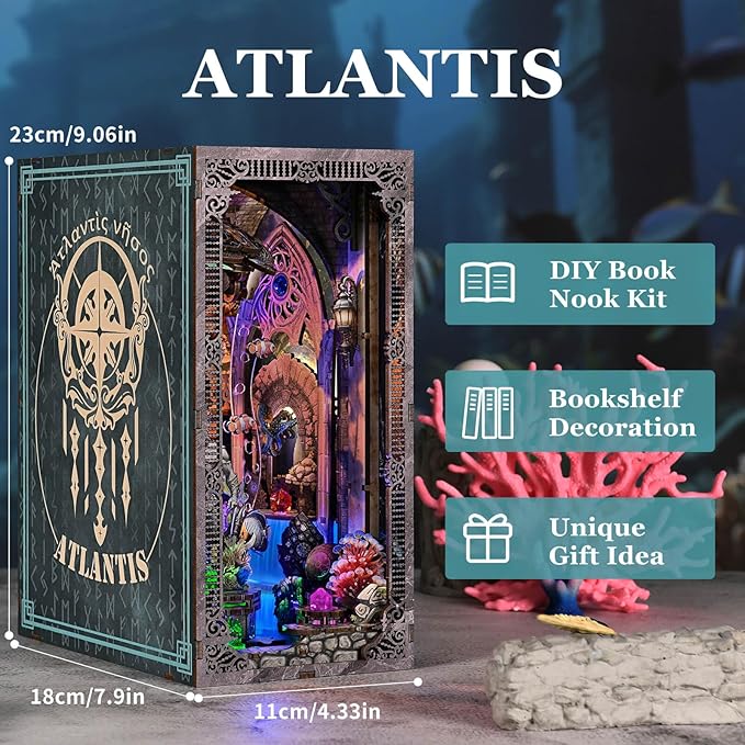 Book Nook Kit - Atlantis DIY Miniature House Dollhouse Kit for Adults and Teens, 3D Wooden Puzzle Bookend Bookshelf Insert Decor with LED Light, Gifts for Family and Friends