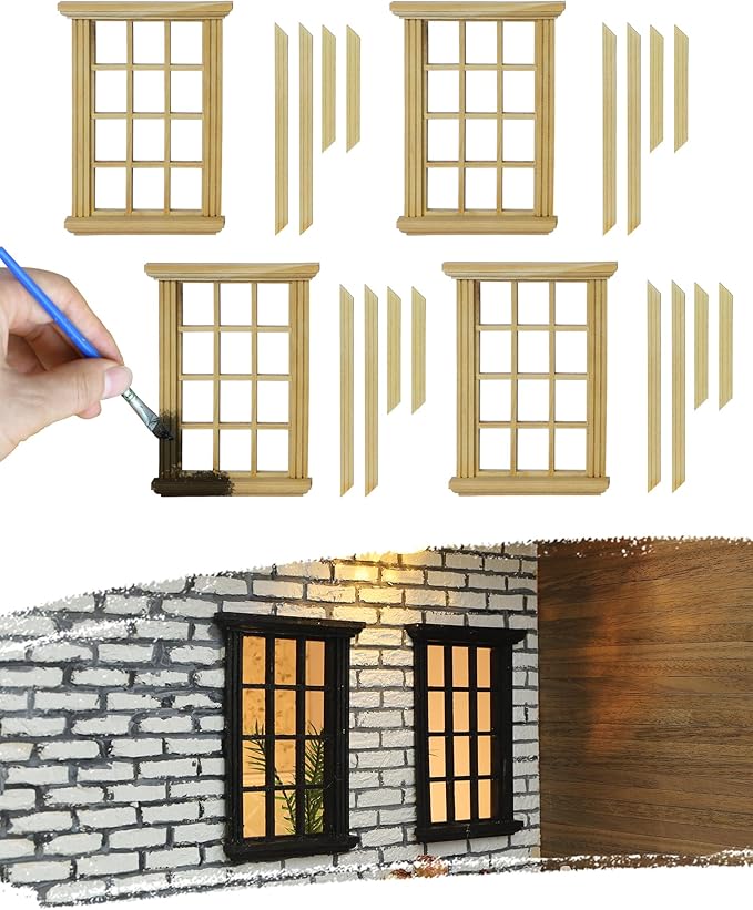 iLAND 1/12 Scale Accessories of Dollhouse Windows 4pcs, Solid Wood DIY Dollhouse Building Supplies, Complete Classic Miniature Windows Kit w/Wooden Frame & Acrylic Panel