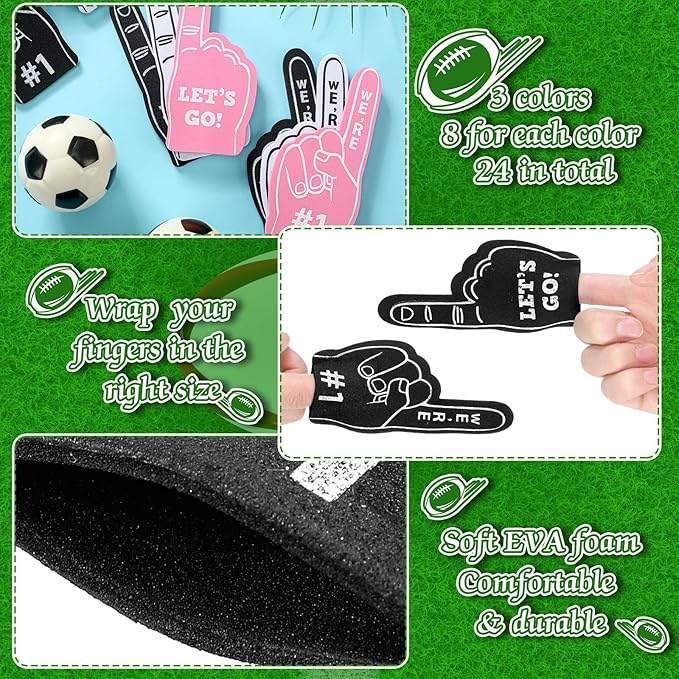 Sinmoe 24 Pcs Mini Foam Finger Baseball Fan Mini Foam Finger, We're #1 Sports Themed Party Supplies for Baseball Hockey Football Basketball Events Team Gifts(Black, White, Pink)