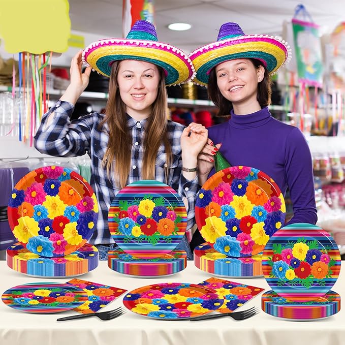 96 Pcs Mexican Fiesta Plates and Napkins Party Supplies Fifth of May Tableware Mexican Theme Birthday Party Decorations Fiesta Flowers Stripes Paper Dinnerware for Taco Weddings Baby Shower 24 Guests