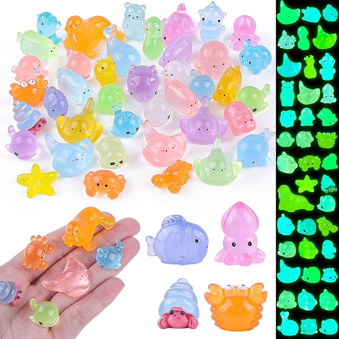 40 Pcs Mini Sea Resin Animals, 40 Styles Luminous Ocean Resin Animals Glow in The Dark Tiny Sea Miniature Figures for Fairy Garden Landscape Dollhouse Accessories Hide Crafts Decor