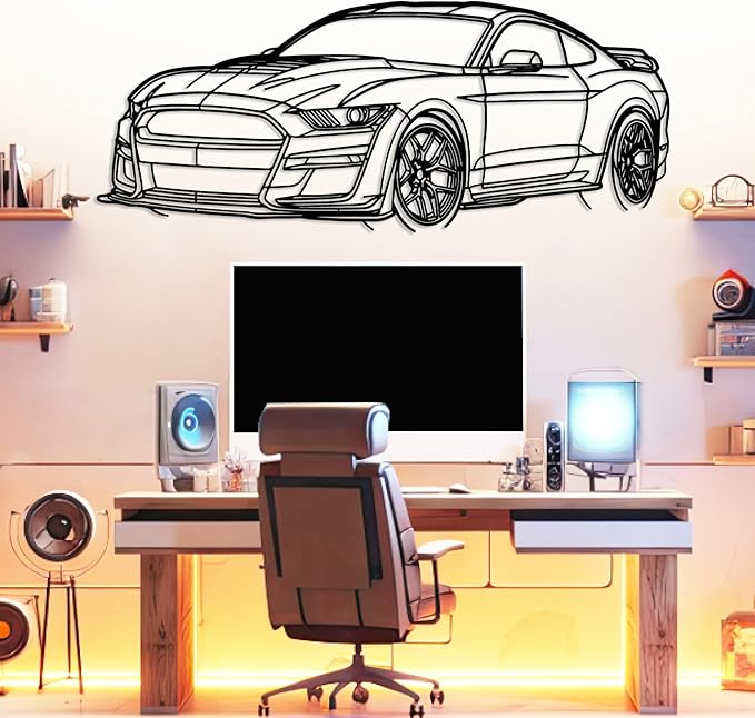 DecoSoul Mustang Metal Car Wall Art, Sports Car, Automotive Silhouette Line Decoration, Minimalist Sculpture for Garage, Indoor Outdoor Wall Hanging, Gift for Boyfriend (Black - 40 x 11” inch)