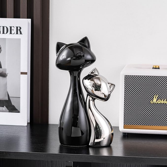 SURE YUESI Ceramic Cat Statue Set, Black & Silver Cute Home Decor Figurines, Lucky Cats Desk Accessories for Cat Lovers, Memorial Cats Themed, Modern Collectible Decor for Bookshelf, Living Room
