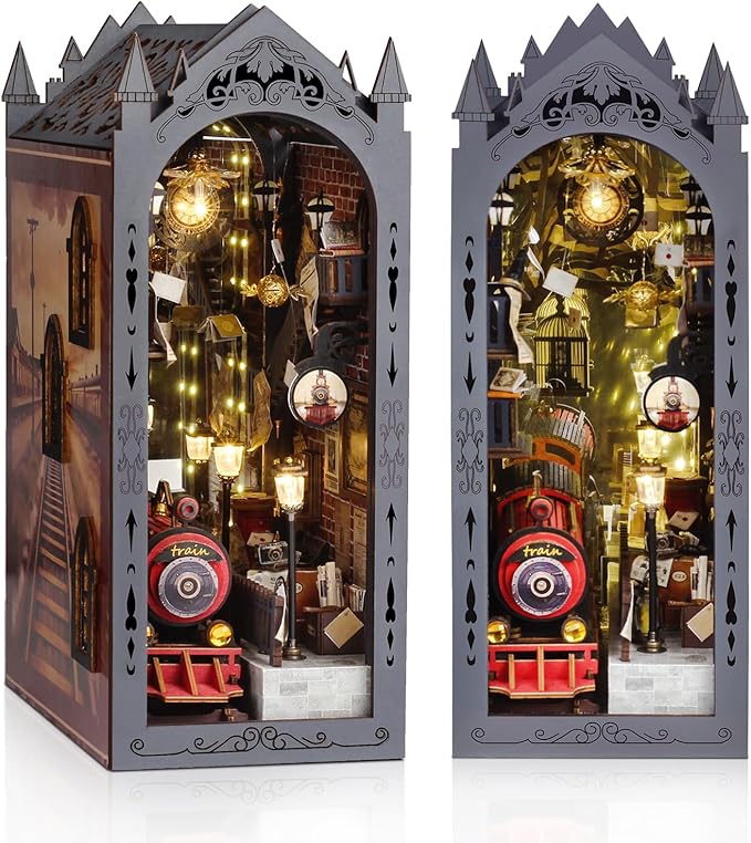Book Nook Kit, DIY Miniature House Kit for Adults, Dollhouse Booknook with LED Light Gifts for Family, Friends, Magic Train