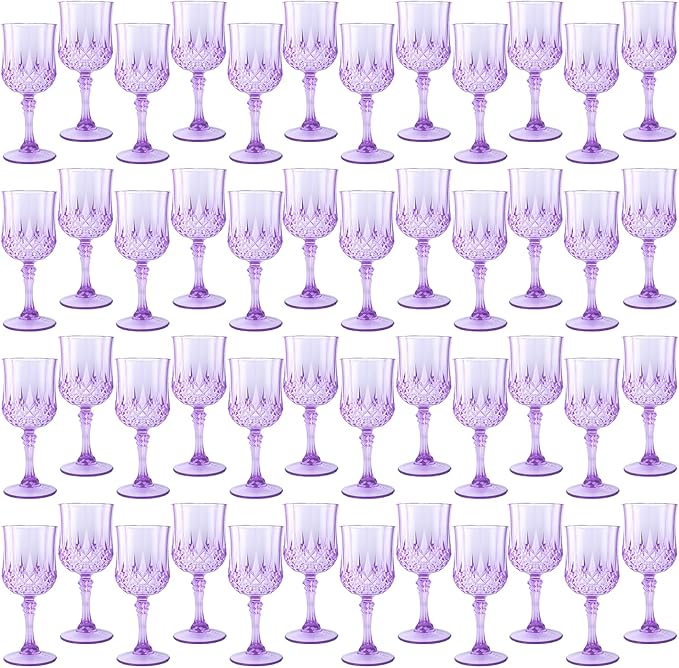 LEYIQU Plastic Wine Glasses, Plastic Goblets Vintage Style Cordial Drinking Glasses for Valentine’s Day, Wedding Reception, Grand Event Party Supplies (48, Purple)