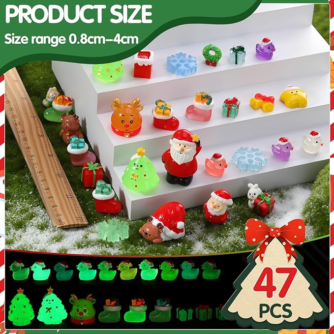 47PCS Mini Christmas Luminous Figurines Christmas Resin Miniatures Glow in The Dark Tiny Figures to Hide Small Snowman Figures for Xmas Goodie Bag Mini Presents for Crafts