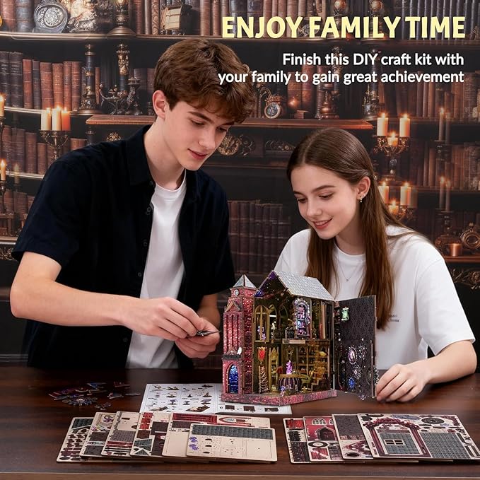 Book Nook Kit, DIY Miniature House Dollhouse Crafts Kit for Adults and Teens, Magic Castle 3D Wooden Puzzle Booknook Build Bookshelf Decor, Gifts for Family and Friends（Arcane Sprire）