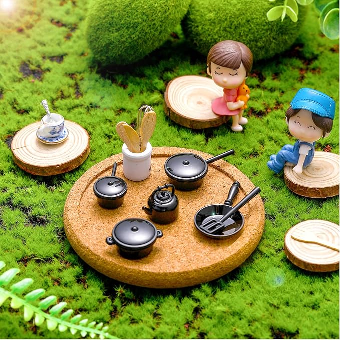Zhanmai 47 Miniatures Dollhouse Kitchen Accessories Miniature Porcelain Tea Cup Set, Metal Pots and Pans Include 16 Mini Doll Plates Knife Fork Spoon, 6 Egg Beater Utensil, 10 Stovetop Cookware