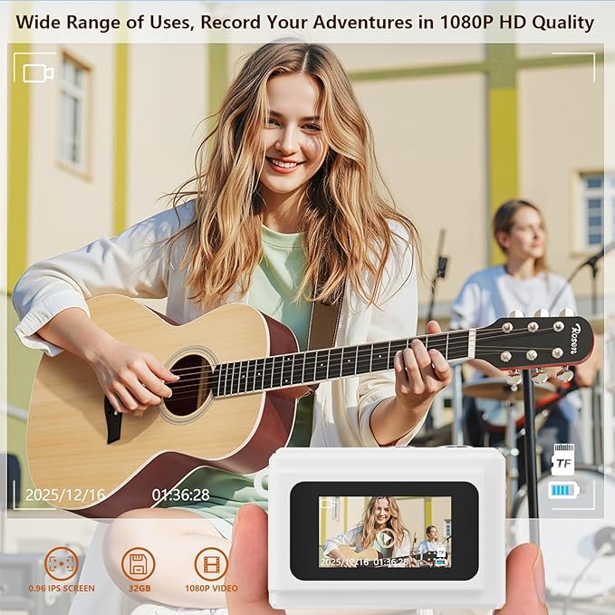 Gift for Teen Boys & Girls - Mini Keychain Camera, 1080P Portable Digital Camera with 0.96" Screen, Includes 32GB Card for 12MP Photo Video, Birthday Graduation Travel (White)