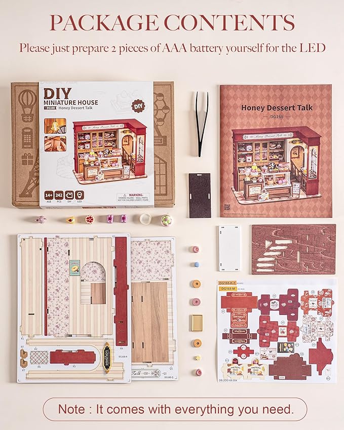 Rolife DIY Dollhouse Miniature House Kit 1:18 Vintage French Dessert Shop, Wooden Diorama Model Kit Mini House to Build with LED, Arts and Crafts for Adults Home Decor Creative Gift for Boys Girls