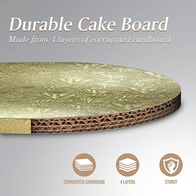 Cakebon Round Cake Boards - Sturdy 1/2 Inch Thick Drums - 10 Inch Professional Smooth Straight Edges Gold 6-Pack