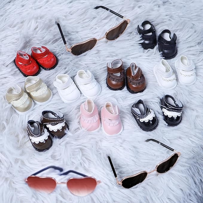 Suitable for 17cm Doll Clothing Accessory Set, Buckle Leather Shoes and Two-Piece Glasses Set (Brown2)