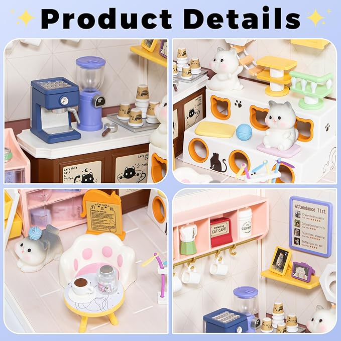 DIY Miniature House Kit Plastic House Building Toy Set with Roof & 2 Doors, Mini Dollhouse Kit with LED for Mini Figures Construction Toys Diorama Kit Gifts for Teens Adults (Happy Cat Pet)