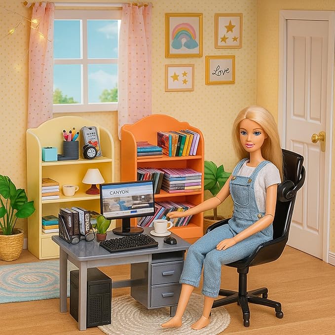 1:12 Scale Mini Office Desk Set Including Mini Computers Desks Computer Accessories Storage Racks Books Desk Lamps Glasses Headphones Mobile Game Controllers Etc Suitable For Displaying Ideal Gifts