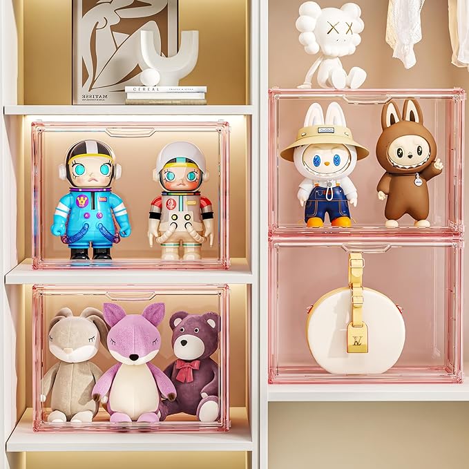 Clear Pink Acrylic Figure Display Case for Collectibles 4 Layer Hobby Figurine Display Shelf Cases Stackable Display Boxes with Shelves for Pop Mart, Action Figures, Model, 1 Pack