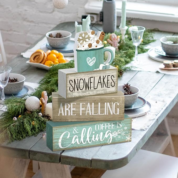 Moucuny 4 Pcs Winter Table Decor Wooden Milk Cocoa Decoration Winter Tiered Tray Centerpiece Decorative Blue Hot Cocoa Block Signs Gift Farmhouse Decoration for Home Kitchen