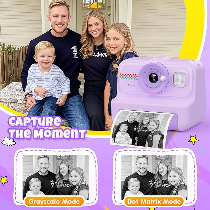 Kids Camera Instant Print, 1080P HD Instant Print Camera for Kids with 3 Rolls Print Paper & 32GB Card, Selfie Digital Camera for Kid, Ideal Kid Toys Gifts for Boys & Girls Age 3-14 (Purple)