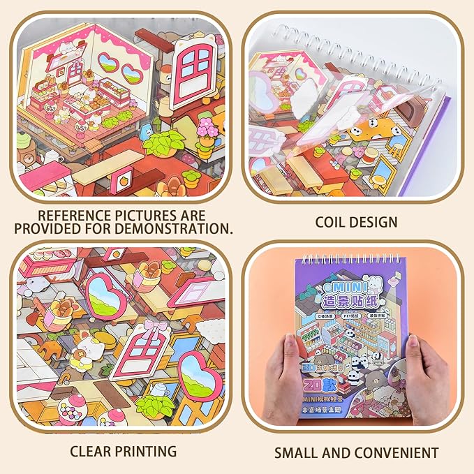 DIY Mini Fun 3D Animal House Scene Stickers Book with Tweezers Make Your Own Bakery Shop Sticker Scenes Cute Micro Stickers for Relief Stress Pass The Time(20 Designs)