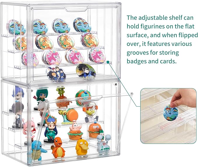 Attelite Acrylic Display Case,Upgrade 4 Tiers Clear Display Case with 3 Adjustable divider, Stackable Large Storage Box with Magnetic Door for Collectibles Action Figures