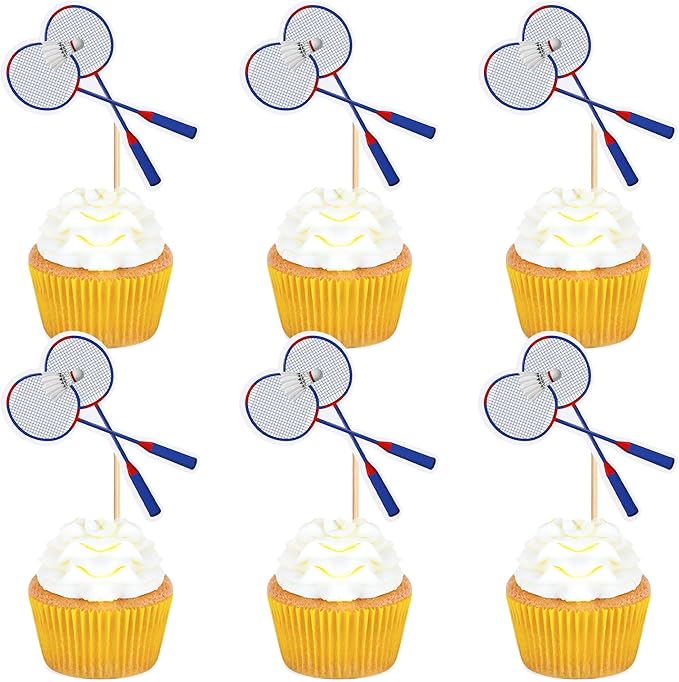 Ercadio 24 Pack Double Sided Cupcake Toppers - Sports Theme Party Cake Decorations for Badminton Birthday, Baby Shower