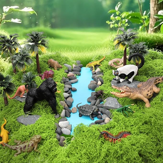 52 Pcs Rainforest Diorama Box Kit - Jungle Animal Model Figures Set, Artificial Tree Stump Fake Rocks Sand Stone Moss for DIY Craft Projects, Home Decoration, Collection Display