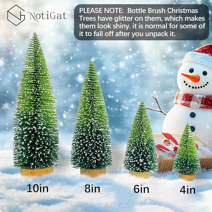 Mini Christmas Tree Bottle Brush Christmas Trees Decor for Christmas Decorations Wooden Bases (Double Green)