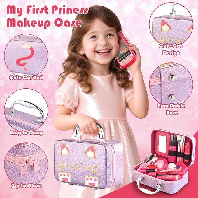 Woumserta Girl Gift Pretend Makeup for Toddlers 3-5 4-6, Fake Makeup Set with Cat Commetic Case, Play Makeup for Kids Age 3 4 5 Year Old, Toddler Make Up Kit for Little Girls Birthday